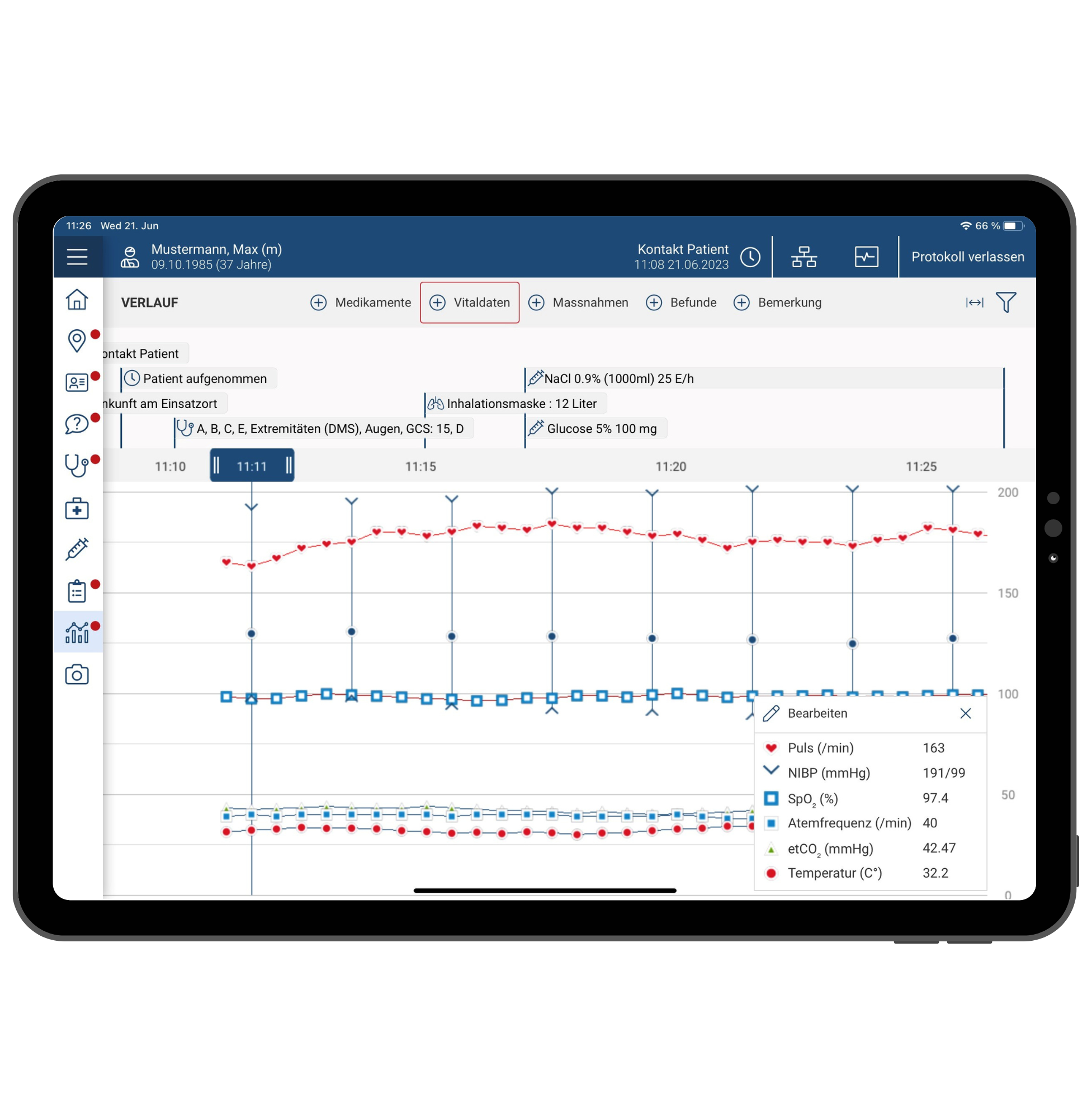 Generisches Tablet zeigt der Vital Daten Verlauf Screen von AmbulancePad